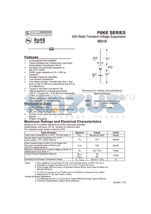 P6KE75A datasheet - 600 Watts Transient Voltage Suppressor