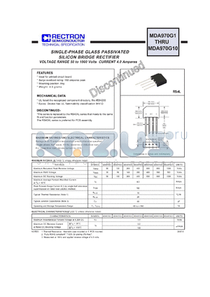 MDA970G8 datasheet - SINGLE-PHASE GLASS PASSIVATED SILICON BRIDGE RECTIFIER VOLTAGE RANGE 50 to 1000 Volts CURRENT 4.0 Amperes
