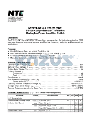 NTE274 datasheet - Silicon Complementary Transistors Darlington Power Amplifier, Switch