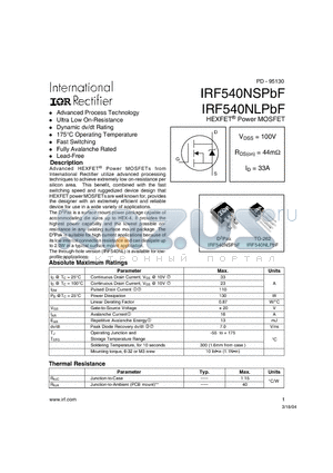 IRF540NSPBF datasheet - HEXFET^ Power MOSFET
