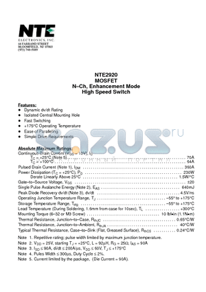 NTE2920 datasheet - MOSFET N-Ch, Enhancement Mode High Speed Switch