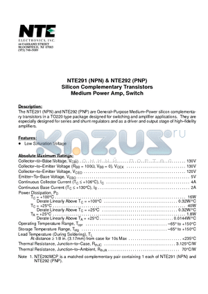 NTE292 datasheet - Silicon Complementary Transistors Medium Power Amp, Switch