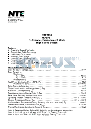 NTE2931 datasheet - MOSFET N-Channel, Enhancement Mode High Speed Switch