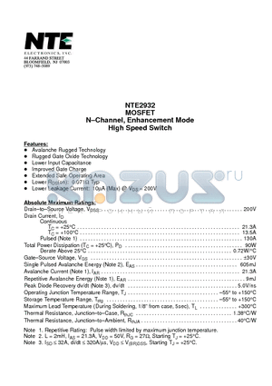 NTE2932 datasheet - MOSFET N-Channel, Enhancement Mode High Speed Switch