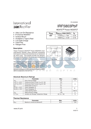 IRF5803TRPBF datasheet - HEXFETPower MOSFET