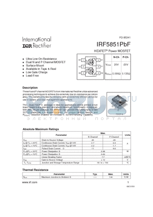 IRF5851PBF datasheet - HEXFET^ Power MOSFET