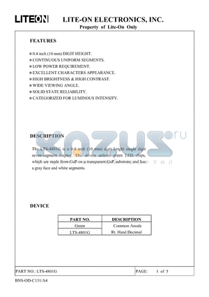 LTS4801G datasheet - 0.4 INCH DIGIT HEIGHT SINGLE DIGIT SEVEN SEGMENT DISPLAY