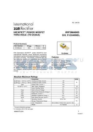 IRF5M4905 datasheet - POWER MOSFET P-CHANNEL(Vdss=-55V, Rds(on)=0.03ohm, Id=-35A*)