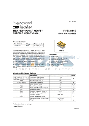 IRF5N3415 datasheet - POWER MOSFET N-CHANNEL(Vdss=150V, Rds(on)=0.042ohm, Id=37.5A)