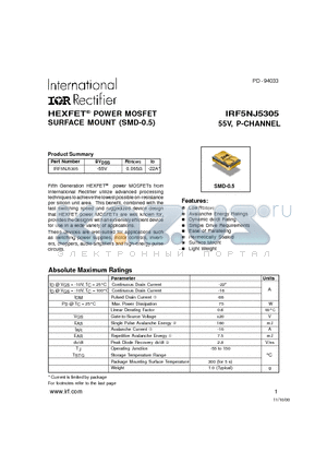 IRF5NJ5305 datasheet - POWER MOSFET P-CHANNEL(Vdss=-55V, Rds(on)=0.065ohm, Id=-22A*)