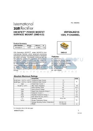 IRF5NJ6215 datasheet - POWER MOSFET P-CHANNEL(Vdss=-150V, Rds(on)=0.29ohm, Id=-11A)