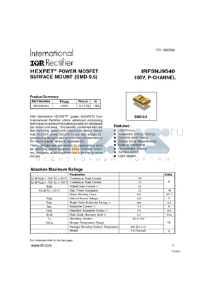 IRF5NJ9540 datasheet - POWER MOSFET P-CHANNEL(Vdss=-100V, Rds(on)=0.117ohm, Id=-18A)