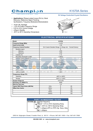 K1570A datasheet - 5V Voltage Controlled Crystal Oscillators
