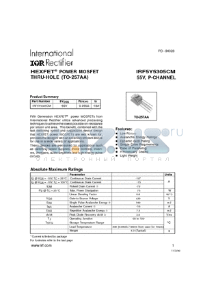 IRF5Y5305CM datasheet - POWER MOSFET P-CHANNEL(Vdss=-55V, Rds(on)=0.065ohm, Id=-18A*)