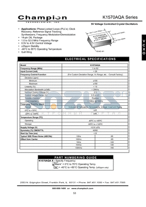 K1570AQA datasheet - 5V Voltage Controlled Crystal Oscillators