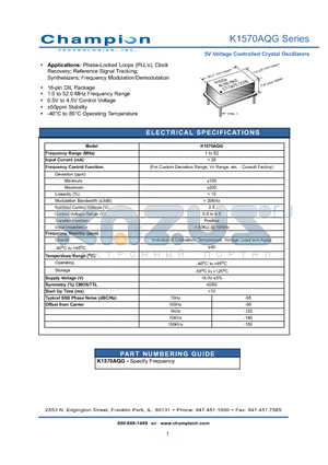 K1570AQG datasheet - 5V Voltage Controlled Crystal Oscillators