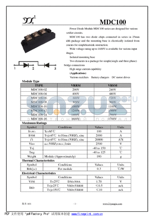MDC100-02 datasheet - Power Diode Module MDC100 series are designed for various Rectifier circuits