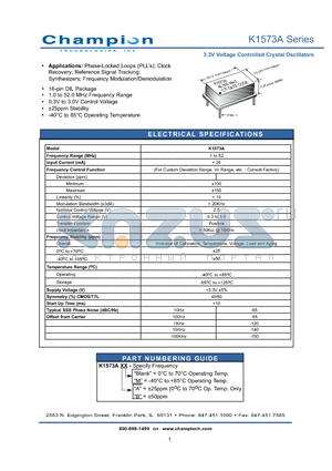 K1573A datasheet - 3.3V Voltage Controlled Crystal Oscillators