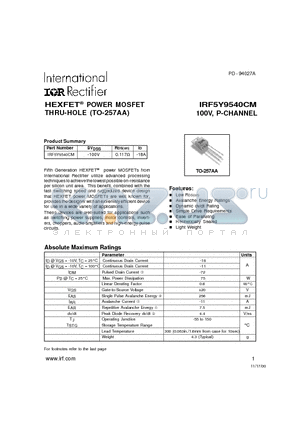 IRF5Y9540CM datasheet - POWER MOSFET P-CHANNEL(Vdss=-100V, Rds(on)=0.117ohm, Id=-18A)