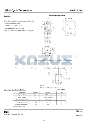 MOF-T3K5 datasheet - Fiber Optic Transmitter