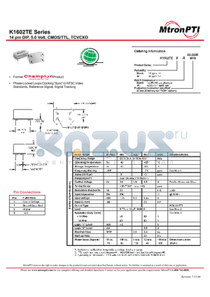 K1602TE-R datasheet - 14 pin DIP, 5.0 Volt, CMOS/TTL, TCVCXO
