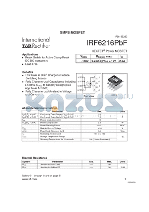 IRF6216PBF datasheet - HEXFET Power MOSFET