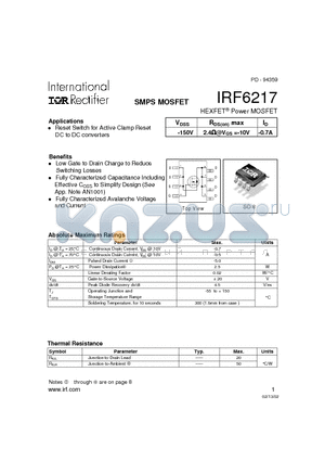 IRF6217 datasheet - HEXFET Power MOSFET(Reset Switch for Active Clamp Reset DC to DC converters)