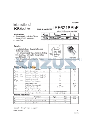 IRF6218PBF datasheet - HEXFET Power MOSFET
