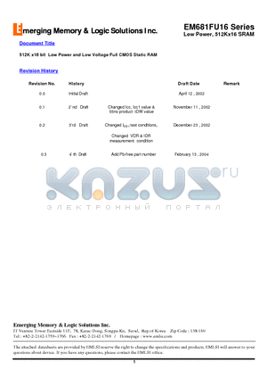 EM6161FR8BW-12S datasheet - 512K x16 bit Low Power and Low Voltage Full CMOS Static RAM