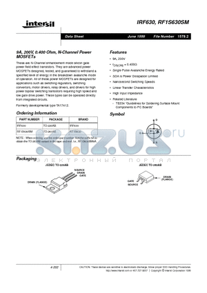 IRF630 datasheet - 9A, 200V, 0.400 Ohm, N-Channel Power MOSFETs