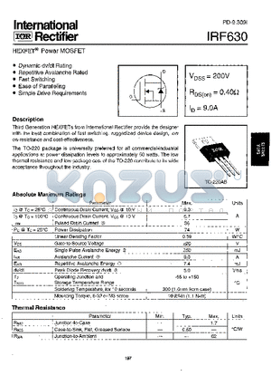 IRF630 datasheet - Power MOSFET(Vdss=200V, Rds(on)=0.40ohm, Id=9.0A)
