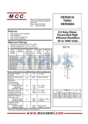 HER207G datasheet - Passivated High Efficient Rectifiers 50 to 1000 Volts 2.0 Amp Glass