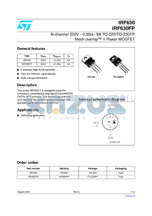 IRF630FP datasheet - N-channel 200V - 0.35Y - 9A TO-220/TO-220FP Mesh overlay II Power MOSFET