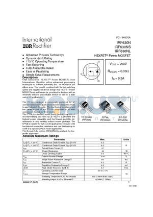 IRF630NL datasheet - Power MOSFET(Vdss=200V, Rds(on)=0.30ohm, Id=9.3A)