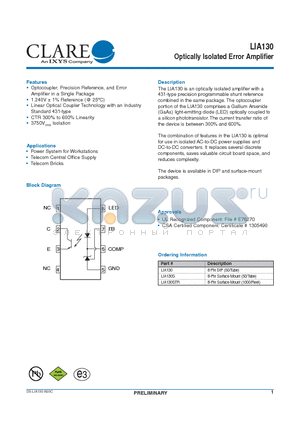 LIA130 datasheet - Optically Isolated Error Amplifier