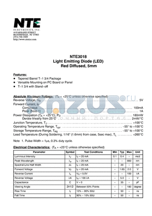 NTE3018 datasheet - Light Emitting Diode (LED) Red Diffused, 5mm