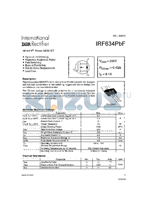 IRF634PBF datasheet - HEXFET^ Power MOSFET