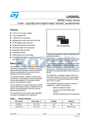 LIS202DL datasheet - MEMS motion sensor 2-axis - a2g/a8g smart digital output piccolo accelerometer