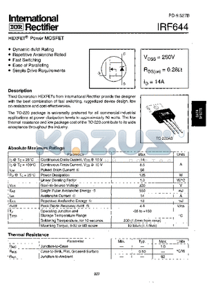 IRF644 datasheet - Power MOSFET(Vdss=250V, Rds(on)=0.28ohm, Id=14A)
