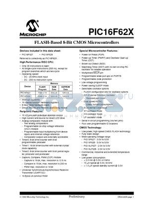 PIC16F627-20/SS datasheet - FLASH-Based 8-Bit CMOS Microcontrollers