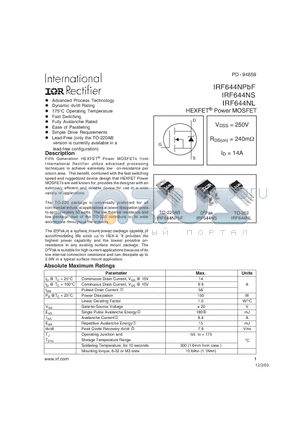 IRF644NL datasheet - HEXFET^ Power MOSFET