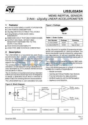 LIS2L02AS4 datasheet - MEMS INERTIAL SENSOR: 2-Axis - a2g/a6g LINEAR ACCELEROMETER