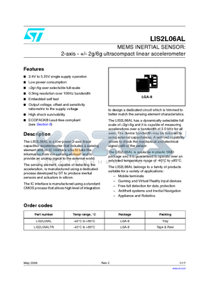 LIS2L06AL datasheet - MEMS INERTIAL SENSOR:2-axis - /- 2g/6g ultracompact linear accelerometer