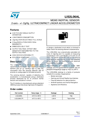 LIS2L06ALTR datasheet - MEMS INERTIAL SENSOR: 2-axis - /- 2g/6g ULTRACOMPACT LINEAR ACCELEROMETER