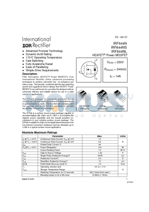 IRF644NS datasheet - Power MOSFET(Vdss=250V, Rds(on)=240mohm, Id=14A)
