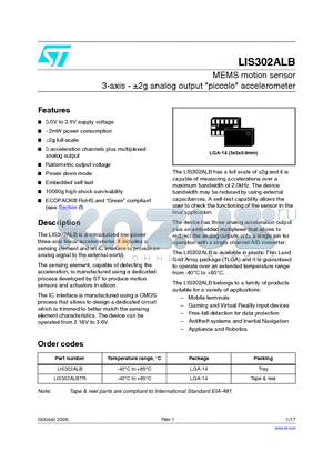 LIS302ALB datasheet - MEMS motion sensor 3-axis - a2g analog output piccolo accelerometer