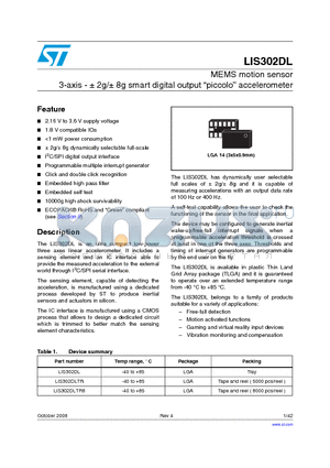 LIS302DL datasheet - MEMS motion sensor 3-axis - a 2g/a 8g smart digital output piccolo accelerometer