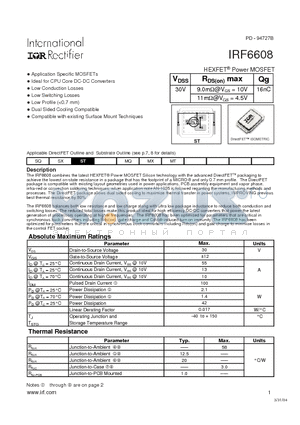 IRF6608 datasheet - lHEXFET Power MOSFET