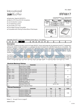 IRF6617TR1 datasheet - HEXFET Power MOSFET