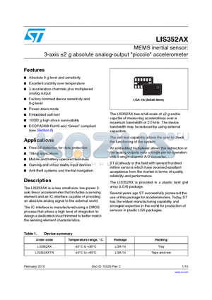 LIS352AX datasheet - MEMS inertial sensor: 3-axis a2 g absolute analog-output 